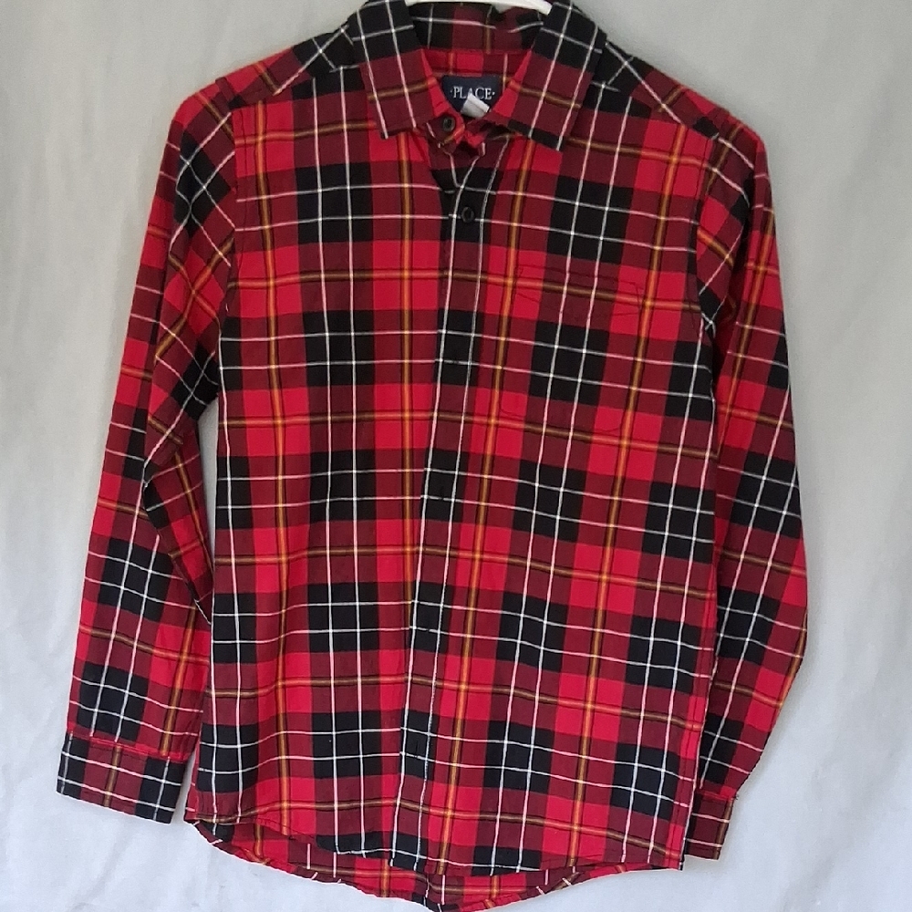 Children's Place Boy's Red and Black Plaid Button Down Shirt